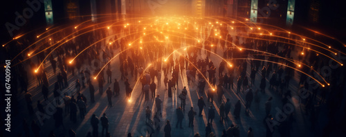 Large crowd of people connected by glowing lines of light in communication and networking effect  