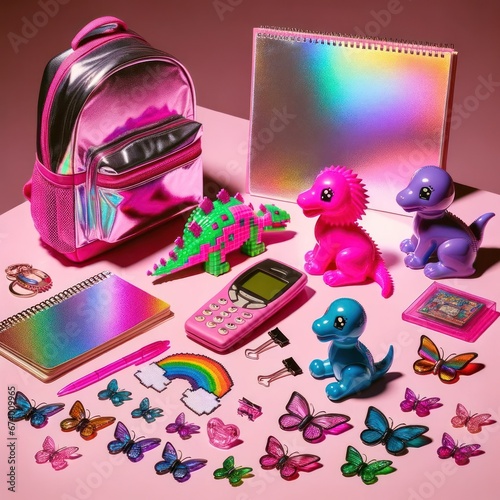 A vibrant collection of retro y2k school supplies and toys, filled with nostalgia and cartoon characters in shades of purple, magenta, and violet, bringing back memories of indoor playtime and imagin photo
