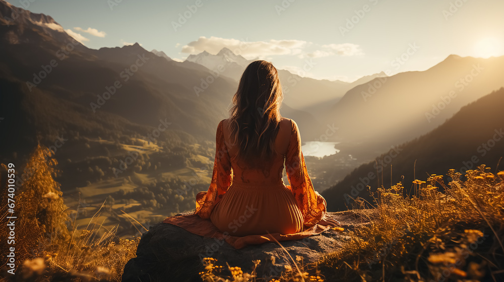 Young woman meditating on a mountain. Surrounded by nature. Back view. High quality - obrazy, fototapety, plakaty 