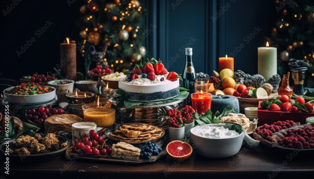 Photo of a Festive Feast: Abundance and Celebration Around a Christmas Tree