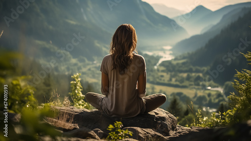 Young woman meditating on a mountain. Surrounded by nature. Back view. High quality