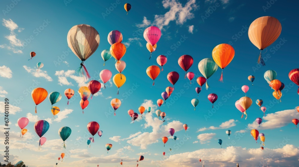 Fototapeta premium Various Kites Flying On Blue Sky, Bright Background, Background Hd