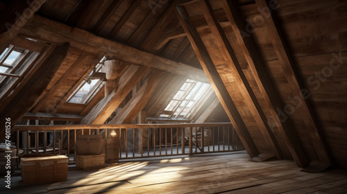 Aerial view of an attic with exposed beams and slanted ceilings