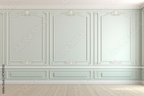 Green classic wall background  brown parquet floor  interior bright empty room