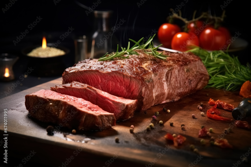 Mouthwatering medium rare steak, grilled and roasted. Succulent beef, presented in large piece and sliced on cutting board dark rustic background Mouthwatering medium rare steak, grilled and roasted. Succulent beef, presented in large piece and sliced on cutting board dark rustic background