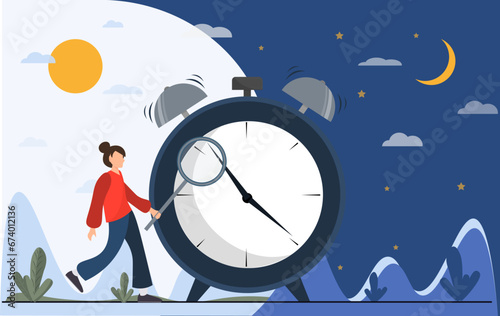 Person near clock, changing day and night circle, day and might routine, circadian rhythm, time for rest and work concepts, flat vector illustration