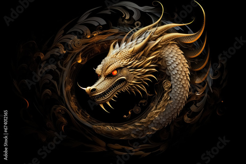 Mythical dragon head from metal and gold in circle on black background, sketch for tattoo. Asian, mythology, culture, fantasy character