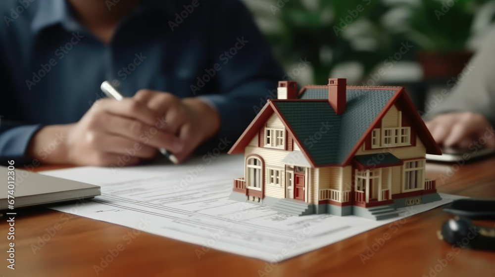Concept for selling a house and home insurance. Signing a house purchase and sale agreement, housing rental, property insurance Concept for selling a house and home insurance. Signing a house purchase and sale agreement, housing rental, property insurance