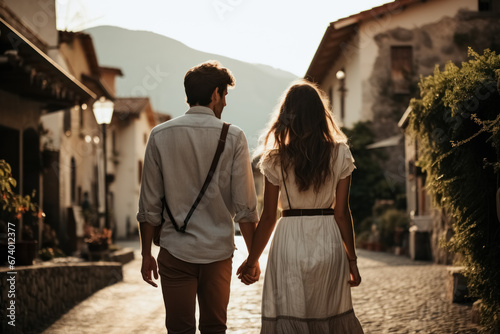 Fototapeta Naklejka Na Ścianę i Meble -  Young couple in love holding hands, walking through small town, on city street at vacation, traveling around world together, back view