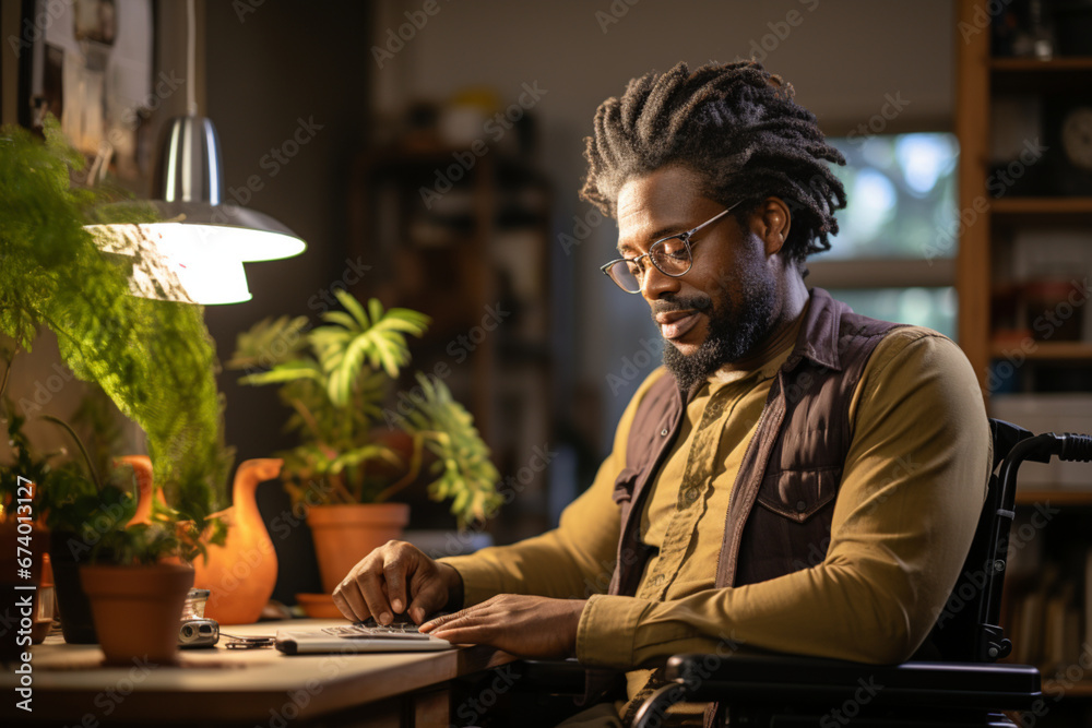 Focused black disabled man in wheelchair working with documents, using laptop at home office. Handicapped Afro man sitting at desk with computer, checking financial reports. Focused black disabled man in wheelchair working with documents, using laptop at home office. Handicapped Afro man sitting at desk with computer, checking financial reports.