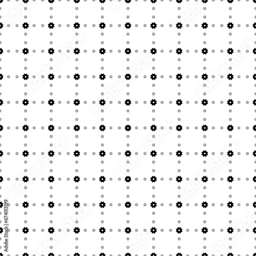 Square seamless background pattern from geometric shapes are different sizes and opacity. The pattern is evenly filled with small black gear symbols. Vector illustration on white background