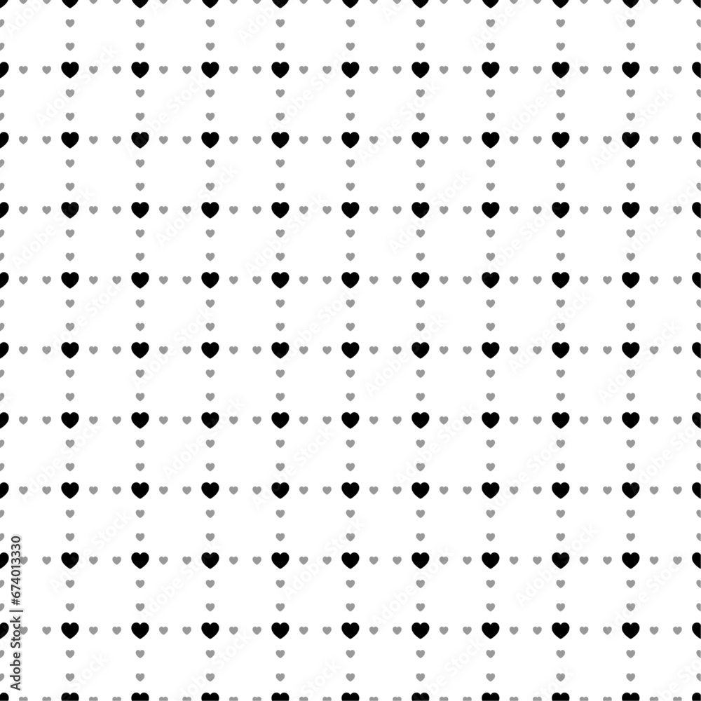 Square seamless background pattern from geometric shapes are different sizes and opacity. The pattern is evenly filled with small black hearts. Vector illustration on white background