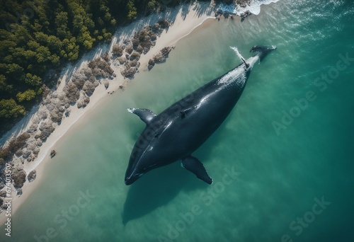 Aerial top down view of a big sperm whale freely swimming in the ocen