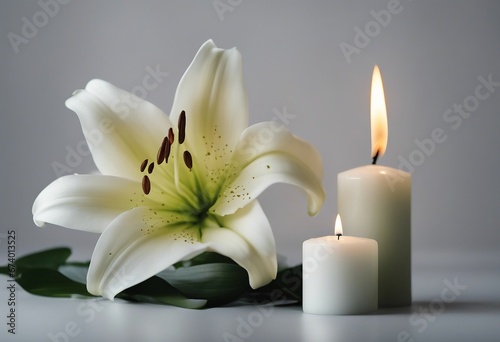 Beautiful lily and burning candle on dark background with space for text Funeral white flowers