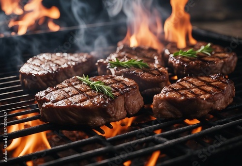 Beef steaks on the grill with smoke and flames