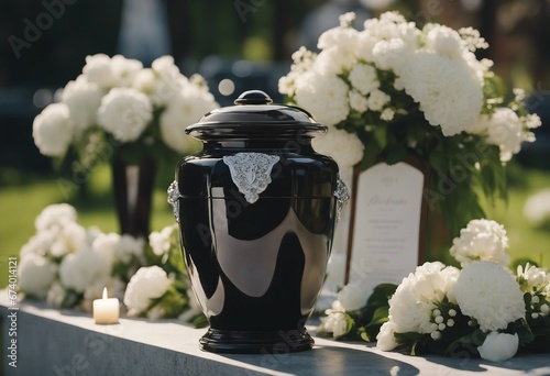 Urn with ashes at the cemetery with white flowers Funeral ceremony