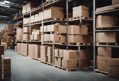 Warehouse or storage and shelves with cardboard boxes Industrial background