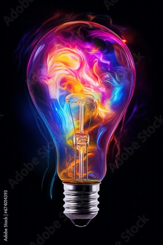 An abstract lightbulb image with swirling, neon-like streaks of color emanating from its core, evoking a sense of creative energy.