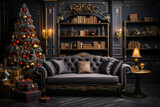 Christmas background with Christmas tree, gifts and fireplace against a wall