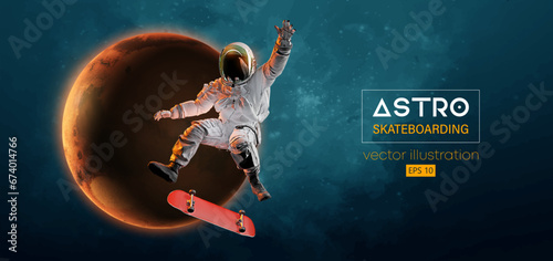 Abstract silhouette of a skateboarder astronaut in space action and Earth, Mars, planets on the background of the space.. The skateboarder man is doing a trick. Vector 3d render illustration