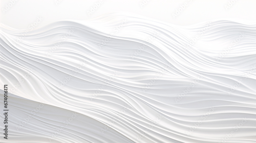 Minimalistic abstract background with white 3D paper waves. Banner with white glossy soft wavy embossed texture isolated on white background.  Horizontal poster with copy space for text. - obrazy, fototapety, plakaty 