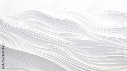 Minimalistic abstract background with white 3D paper waves. Banner with white glossy soft wavy embossed texture isolated on white background. Horizontal poster with copy space for text.