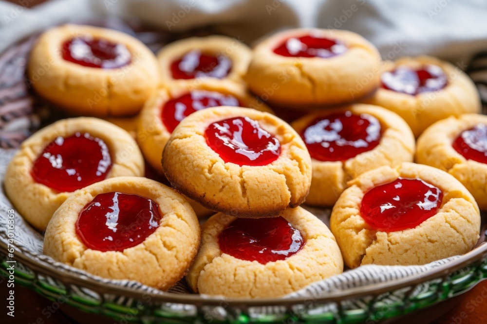 A picture of thumbprint cookies filled with homemade raspberry jam, their vibrant red centers contrasting beautifully with the golden-brown cookie base. A picture of thumbprint cookies filled with homemade raspberry jam, their vibrant red centers contrasting beautifully with the golden-brown cookie base.