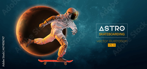 Abstract silhouette of a skateboarder astronaut in space action and Earth, Mars, planets on the background of the space.. The skateboarder man is doing a trick. Vector 3d render illustration