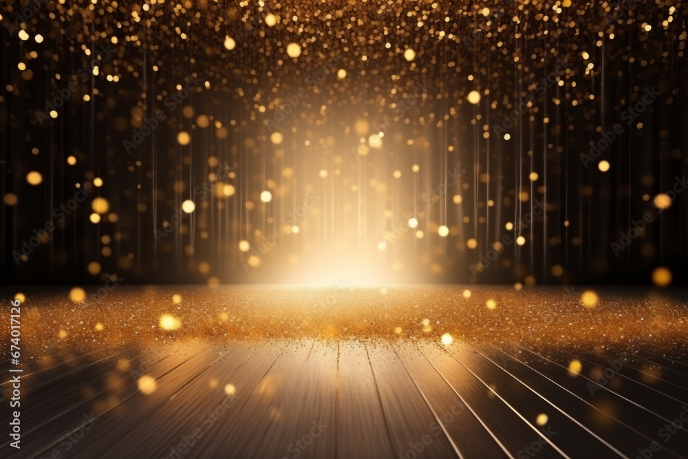 The stage is adorned with a golden confetti shower, creating a mockup with copy space for award ceremonies, jubilees, New Years parties, or product presentations. Created with generative AI tools - obrazy, fototapety, plakaty 
