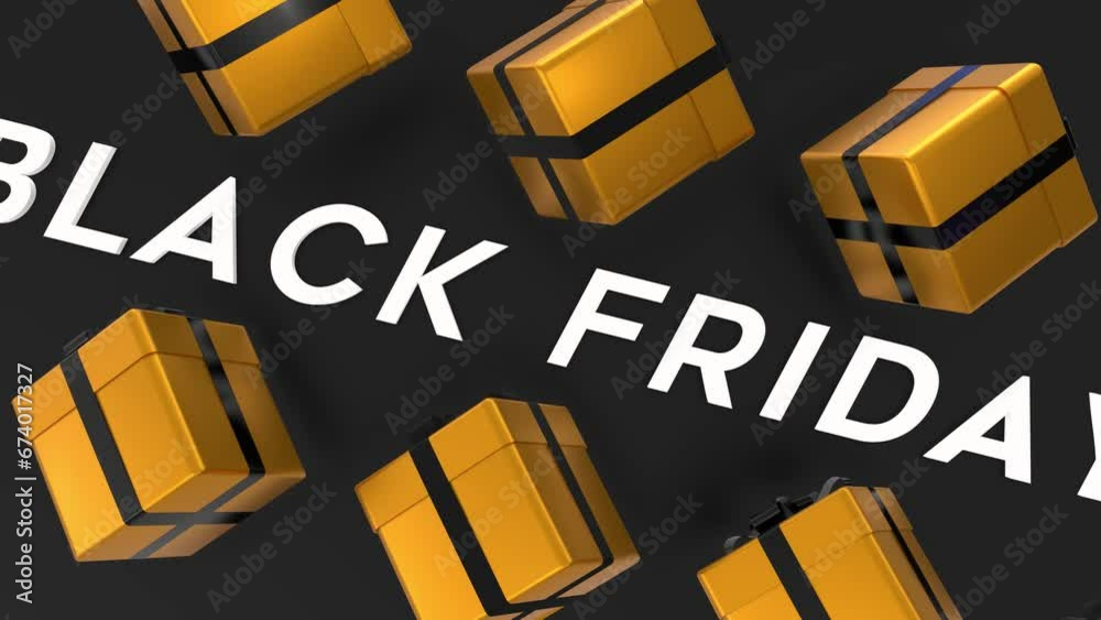 Pack of six Black Friday animation with Wrapped gift boxes and ribbon in black and golden color Pack of six Black Friday animation with Wrapped gift boxes and ribbon in black and golden color