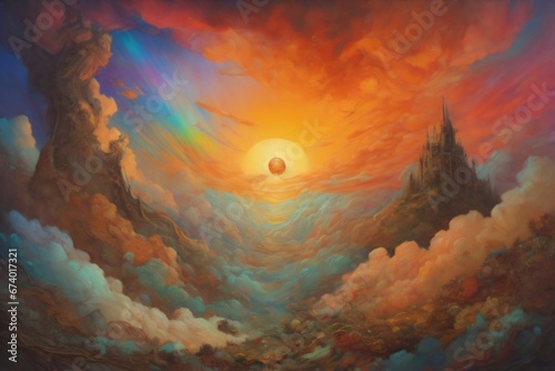Picture reflecting a surreal sunset or sunrise through an abstract amalgamation of colors and textures  connoting themes of landscape art  creativity  and imagination. Created with generative AI tools