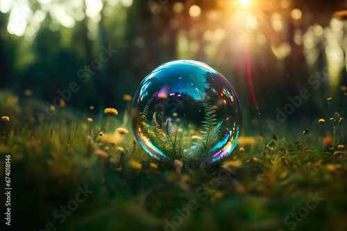 A large iridescent soap bubble on grass in a meadow - Generative AI © alpermer