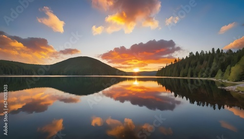 a picture of a cheerful lake at dusk with rainbow-hued reflections shimmering in the water