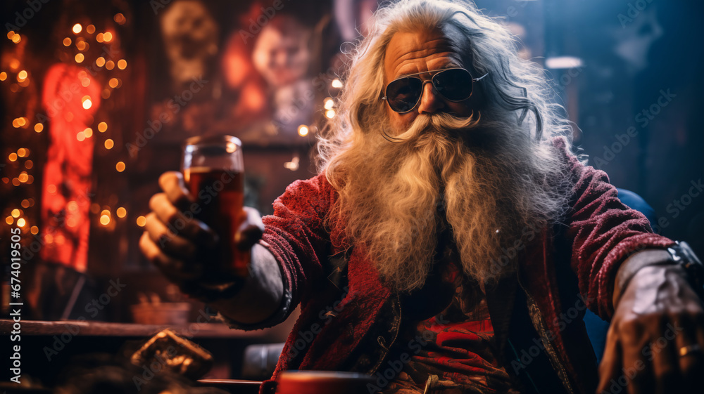 Santa drinks  beer  - obrazy, fototapety, plakaty 