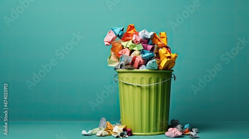 Metal green bin with crumpled multi colored paper near green wall indoors, space for text. Rubbish recycling photo