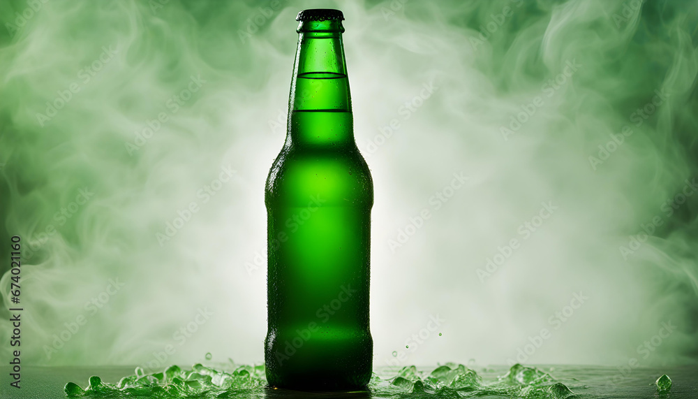 cold wet open beer bottle with smoke on green background cold wet open beer bottle with smoke on green background