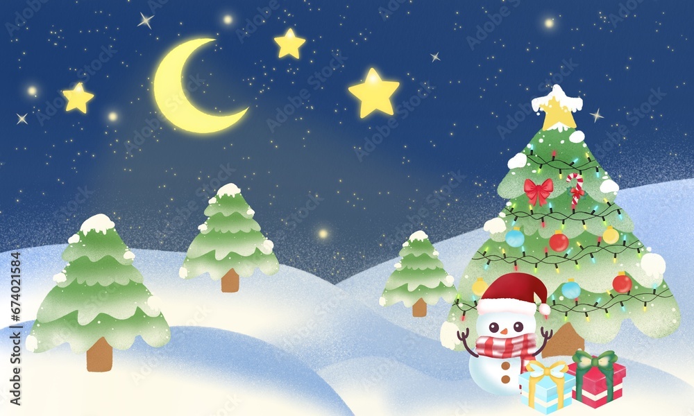 Christmas night background with tree and snowman