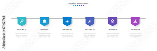 Timeline infographic with infochart. Modern presentation template with 6 spets for business process. Website template on white background for concept modern design. Horizontal layout.