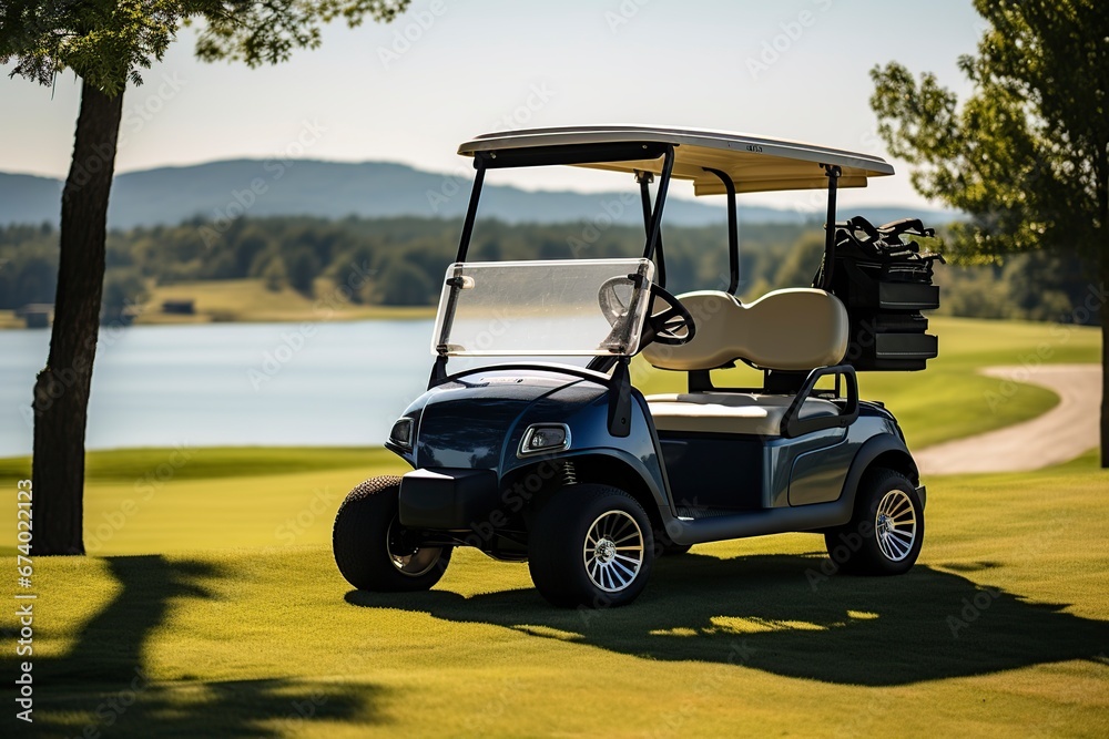 golf cart on a green and expansive golf course