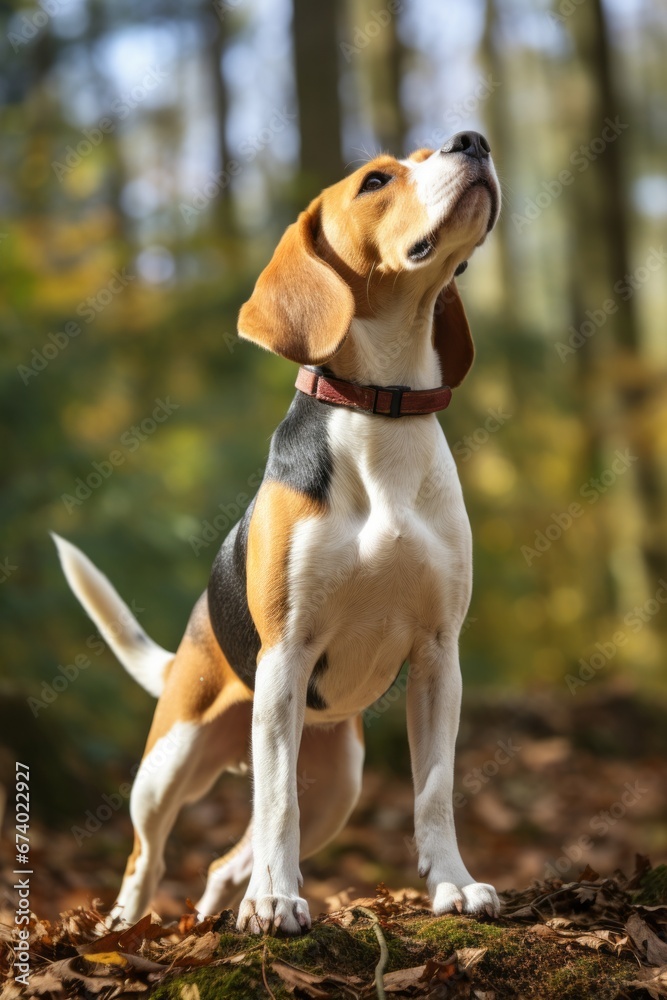 A Beagle with its nose to the ground, engaged in scent tracking, its tail held high in excitement.
