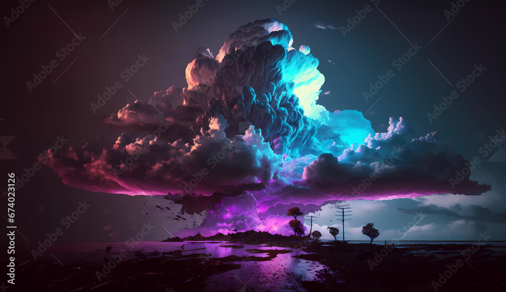 a dark background with a neon light effect and clouds in the middle of it