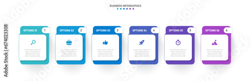 Timeline infographic with infochart. Modern presentation template with 6 spets for business process. Website template on white background for concept modern design. Horizontal layout.