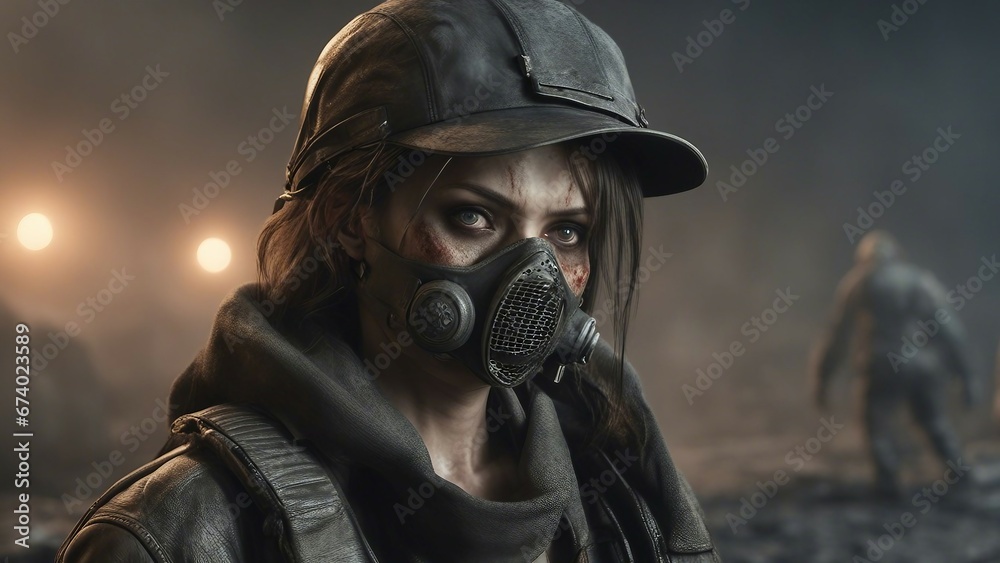 Fototapeta premium soldier with gas mask Post apocalypse world Halloween concept. Portrait of young Sad woman in breathing mask 