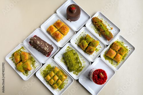 Table scene of assorted take out or delivery foods. Traditional Turkish cuisine. Various Turkish meal and appetizers. Top down view on a table. photo