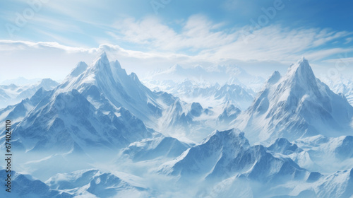 An aerial shot of a vast snow-covered mountain range with jagged peaks and valleys