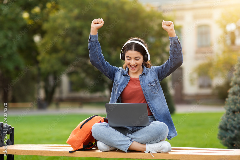 Fototapeta premium Young indian woman student have online class, celebrating success