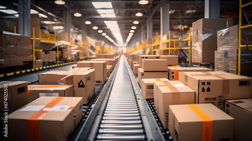 An Engaging Image of Cardboard Box Packages Seamlessly Moving Along a Conveyor Belt in a Busy Warehouse Fulfillment Center, Highlighting the Efficiency and Automation That Powers Modern E-commerce