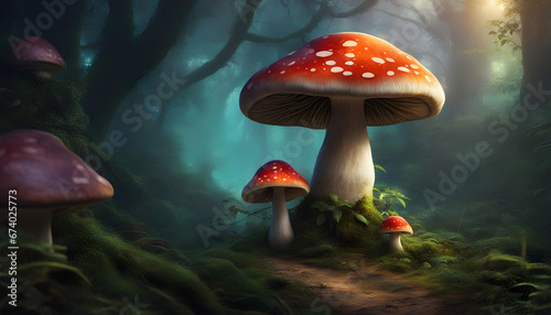 Fantasy forest with glowing mushrooms.