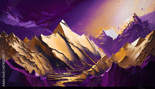 a painting of a purple and gold mountain range with a purple background and gold lines on the top of it