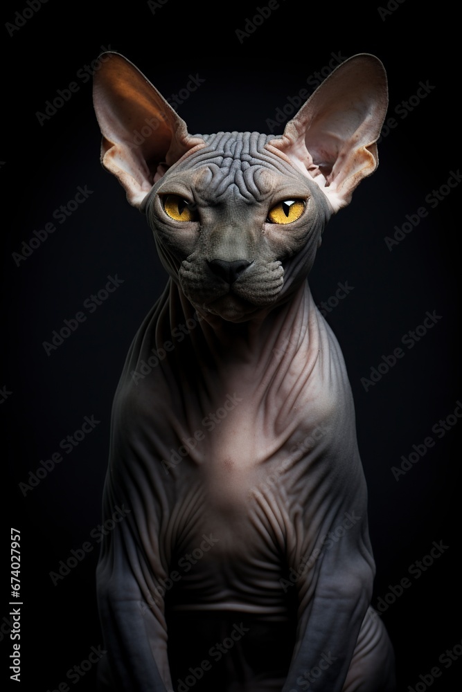 Canadian sphynx cat elegant and very upright in front of the cameras